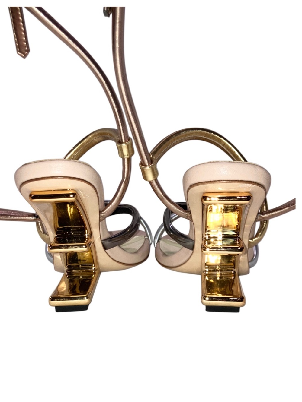 Fendi First Metallic Nappa Strappy Sandals Rose Gold Silver Couture Size 37 US 7 - Picture 12 of 16
